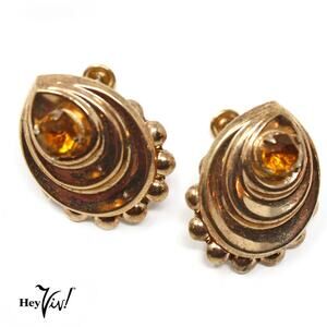 Vintage Screw Back Earrings Gold Ornate Curved Design Rhinestone 1.25" - Hey Viv